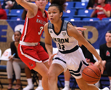Action during a women's basketball game in Rhodes Arena at The University of Akron